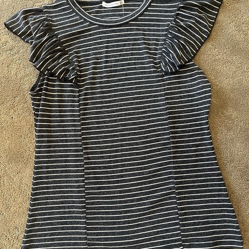 Staccato Black and White Ruffled Cap Sleeve T-Shirt